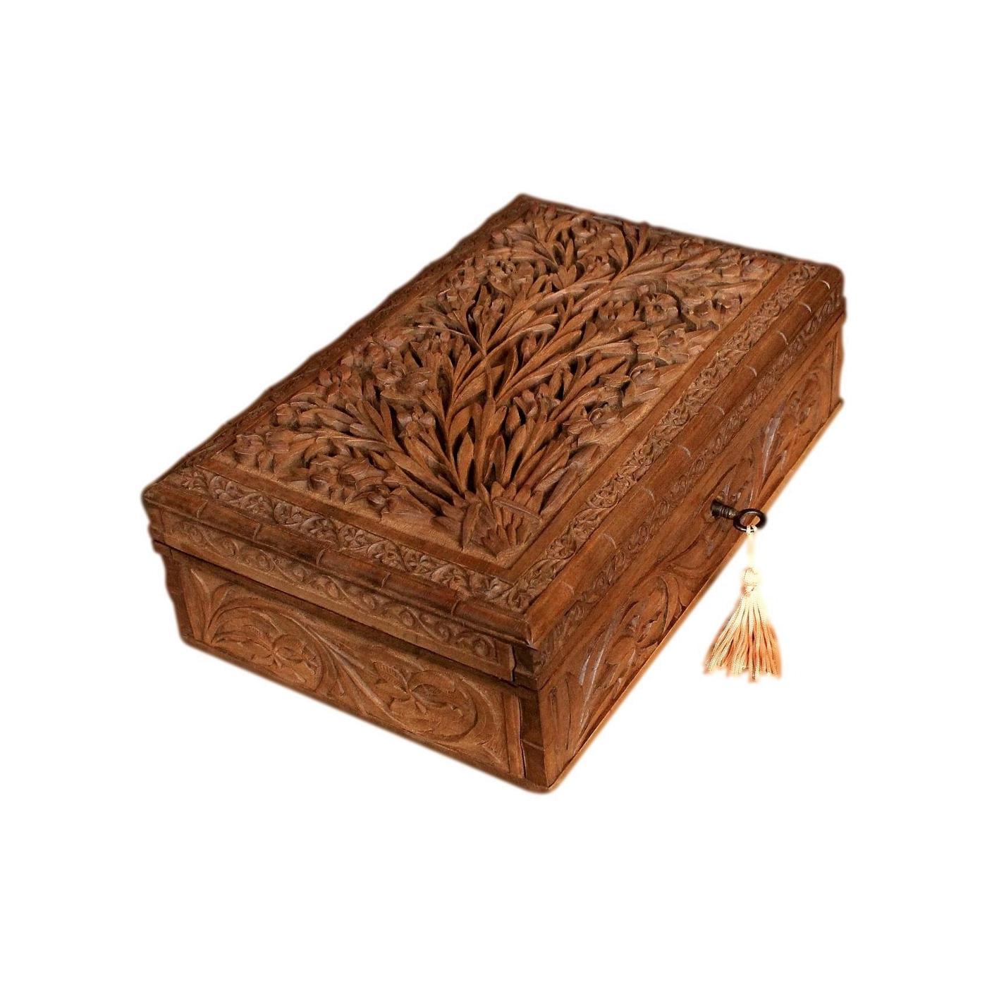 Vintage Mid 20th C Refurbished Kashmir Carved Walnut Jewellery Box