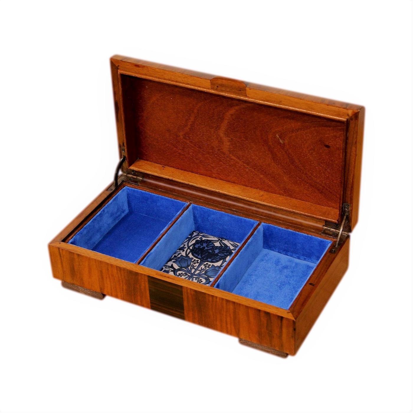 Refurbished Art Deco Walnut And Exotic Wood Jewellery Box JB603