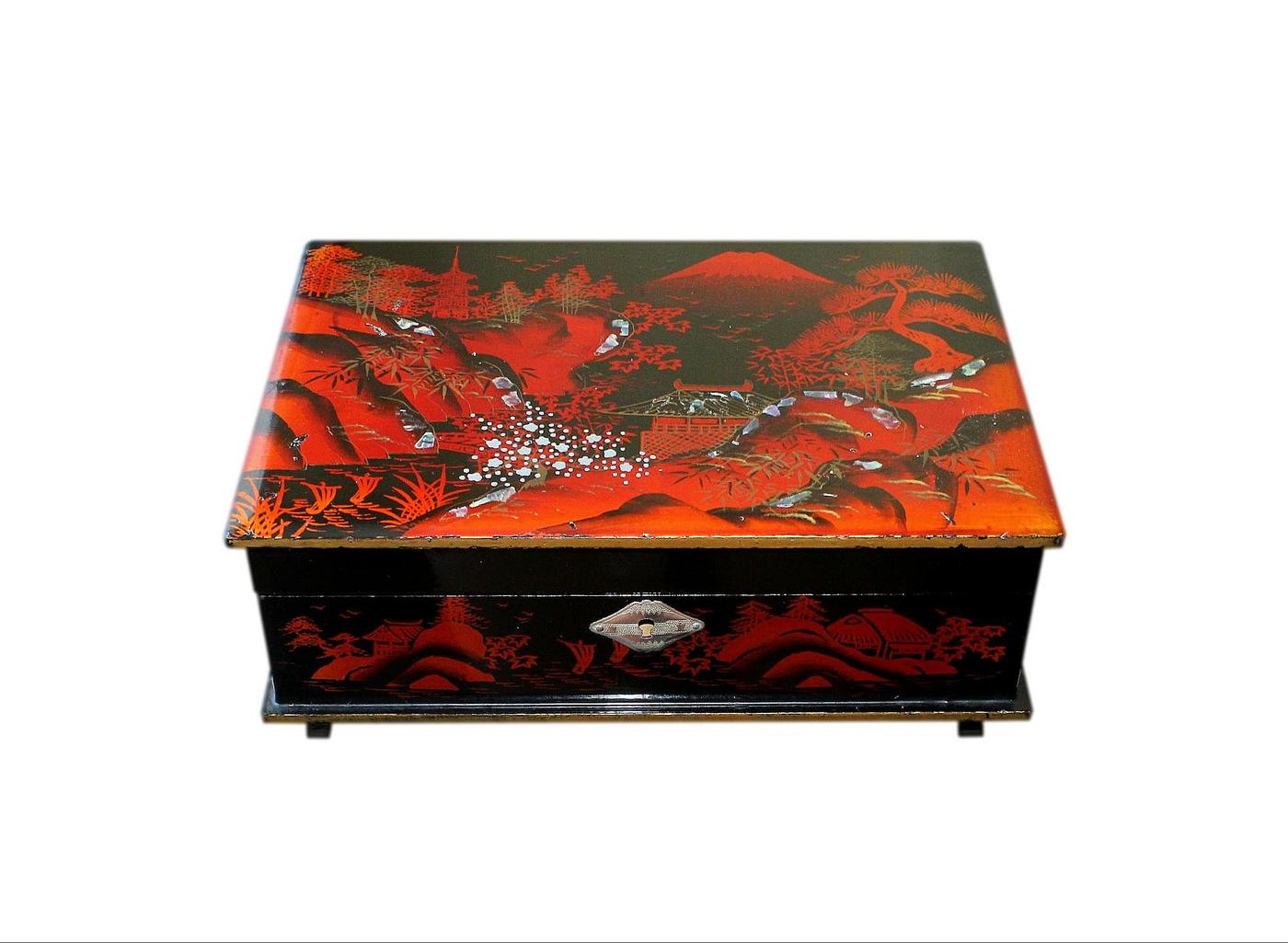1950s Japanese Lacquered And Hand Painted Jewellery Box