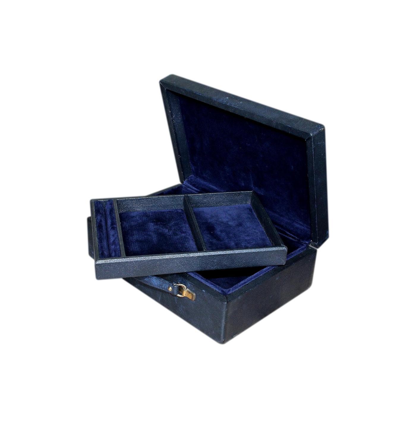 1980s Vintage Navy Blue Leather Jewellery Box
