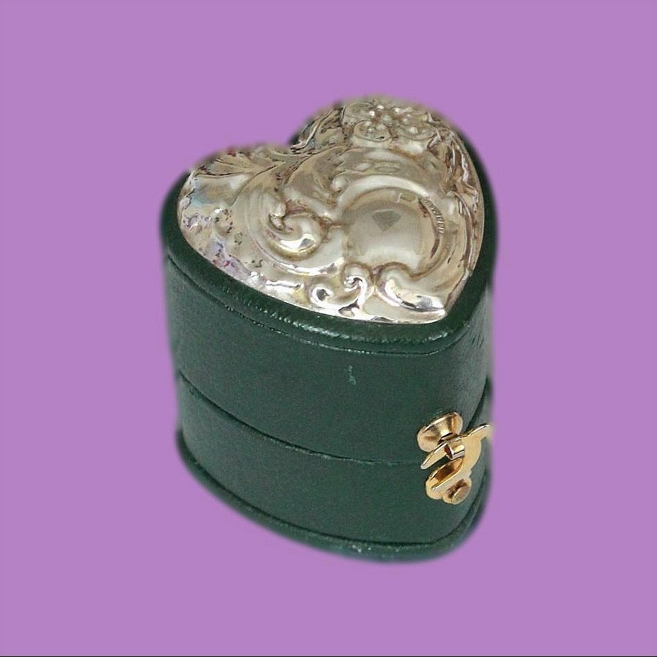 Beautiful Heart Shaped Leather And Silver Vintage Ring Box